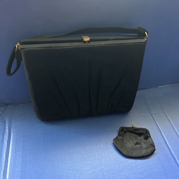 Vintage Black Satin Evening Bag Purse L&M Spot-Lite Exclusive USA W/ Coin Purse - Picture 4 of 15